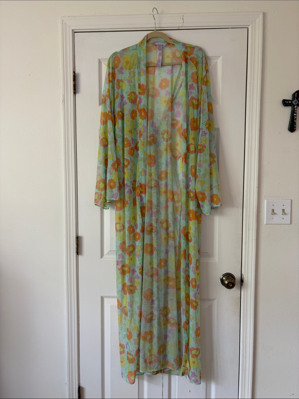 Savage X Fenty Floral Sheer Long Kimono Robe - Mint & Orange